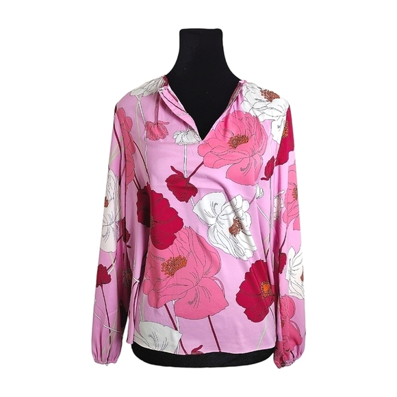 Philosophy Tops - Philosophy Long Sleeved Keyhole Pleated Neckline Pink Floral Iris Print …